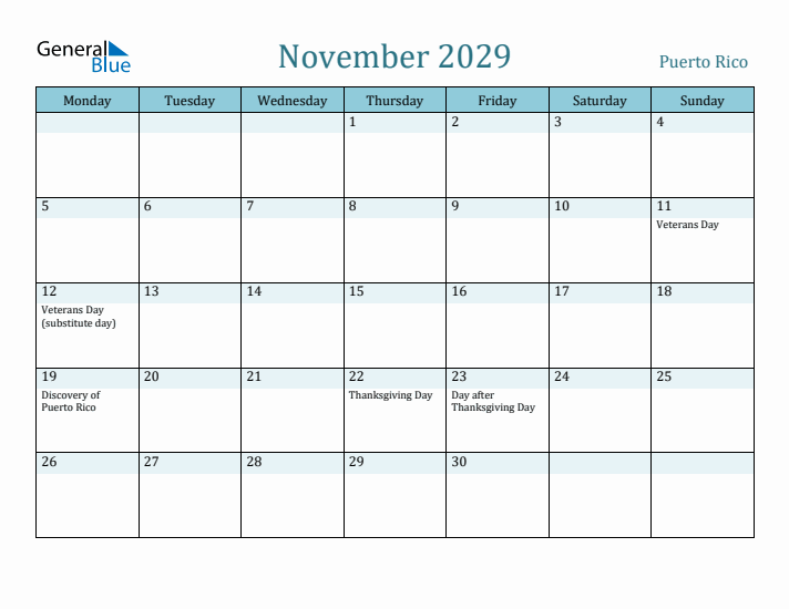 November 2029 Calendar with Holidays