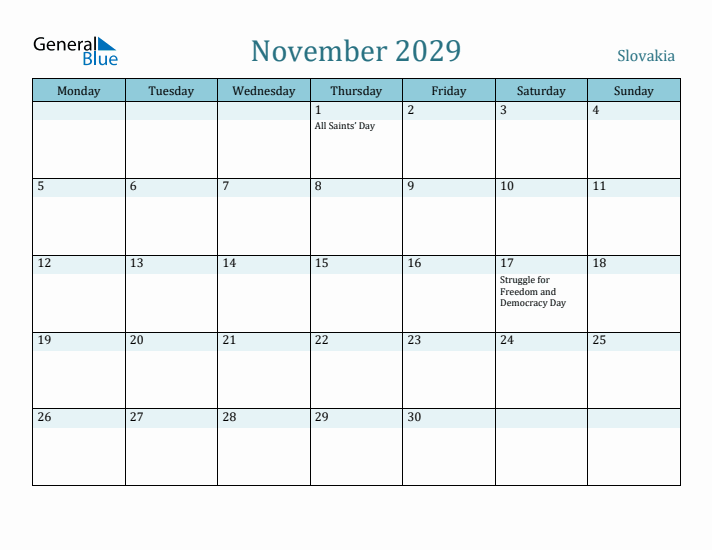 November 2029 Calendar with Holidays