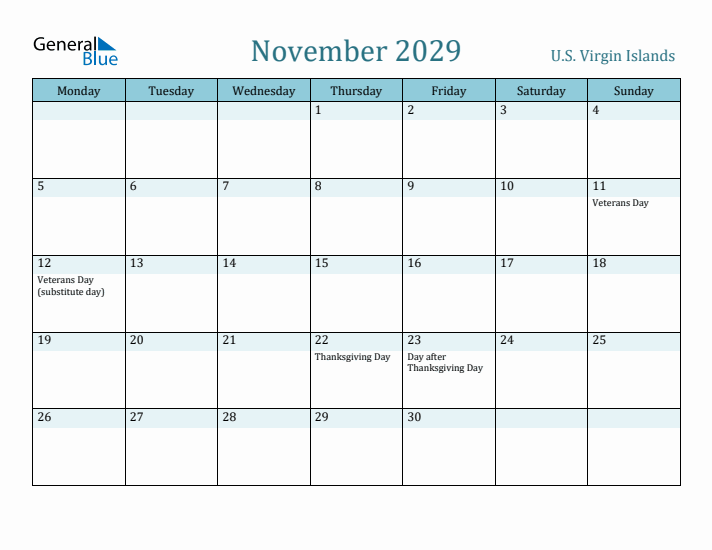 November 2029 Calendar with Holidays
