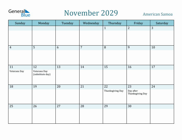 November 2029 Calendar with Holidays