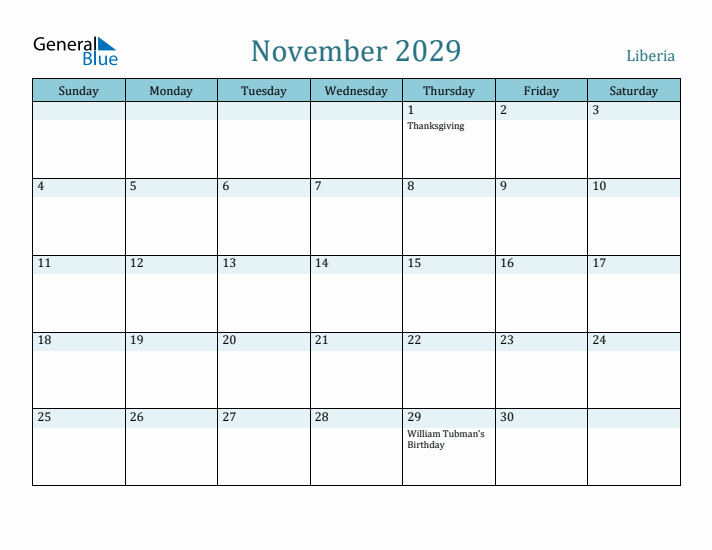 November 2029 Calendar with Holidays
