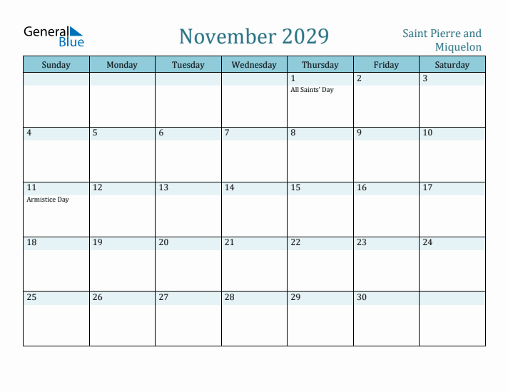 November 2029 Calendar with Holidays
