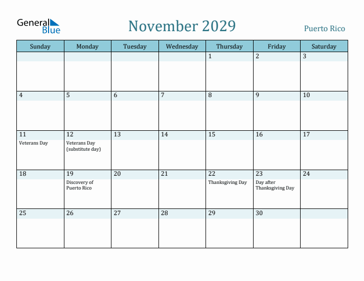 November 2029 Calendar with Holidays