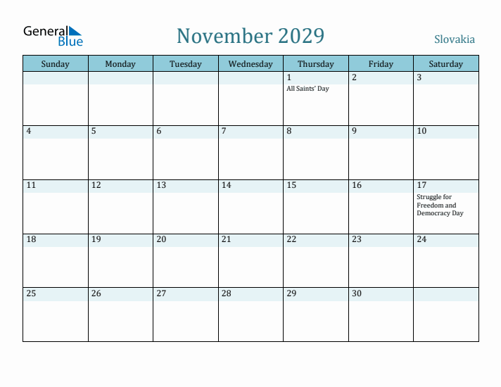 November 2029 Calendar with Holidays