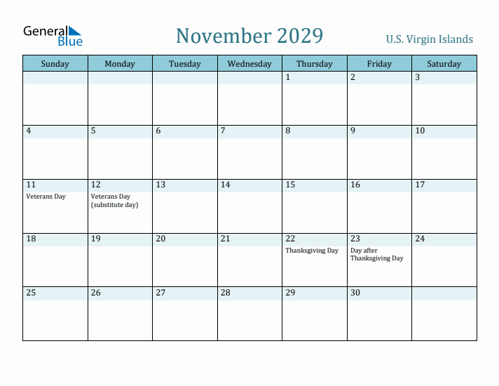 November 2029 Calendar with Holidays