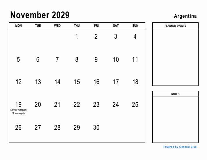 November 2029 Printable Monthly Calendar with Argentina Holidays