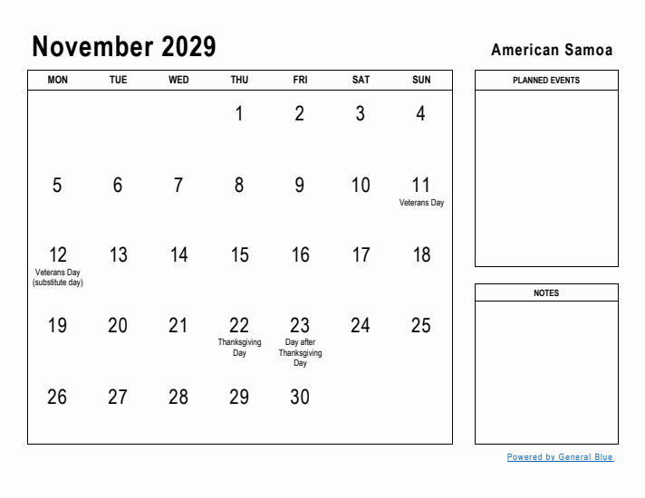 November 2029 Printable Monthly Calendar with American Samoa Holidays