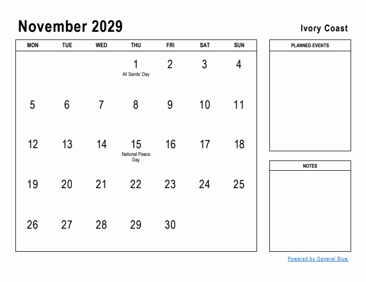 November 2029 Printable Monthly Calendar with Ivory Coast Holidays