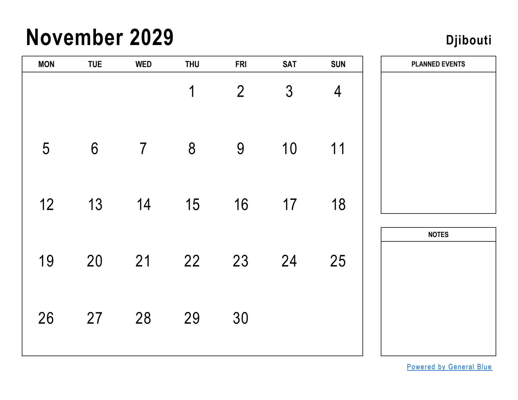 November 2029 Printable Monthly Calendar with Djibouti Holidays