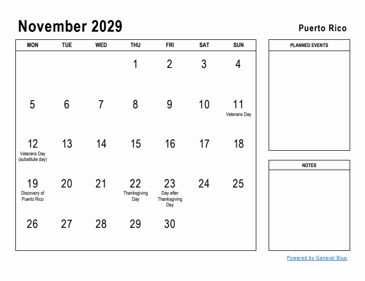 November 2029 Printable Monthly Calendar with Puerto Rico Holidays