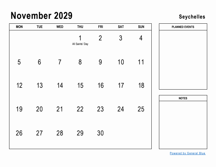 November 2029 Printable Monthly Calendar with Seychelles Holidays