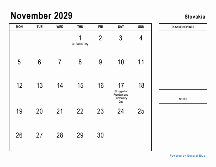 November 2029 Printable Monthly Calendar with Slovakia Holidays