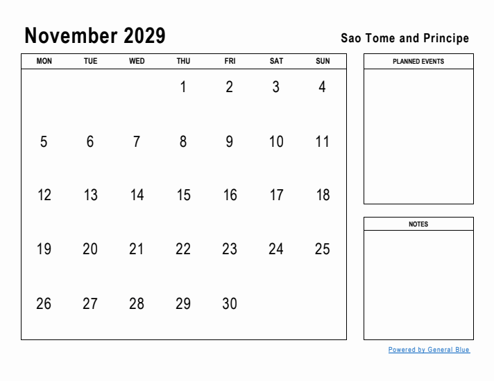 November 2029 Printable Monthly Calendar with Sao Tome and Principe Holidays