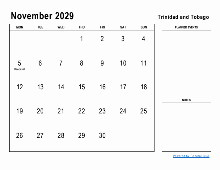 November 2029 Printable Monthly Calendar with Trinidad and Tobago Holidays