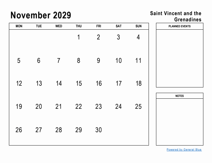 November 2029 Printable Monthly Calendar with Saint Vincent and the Grenadines Holidays