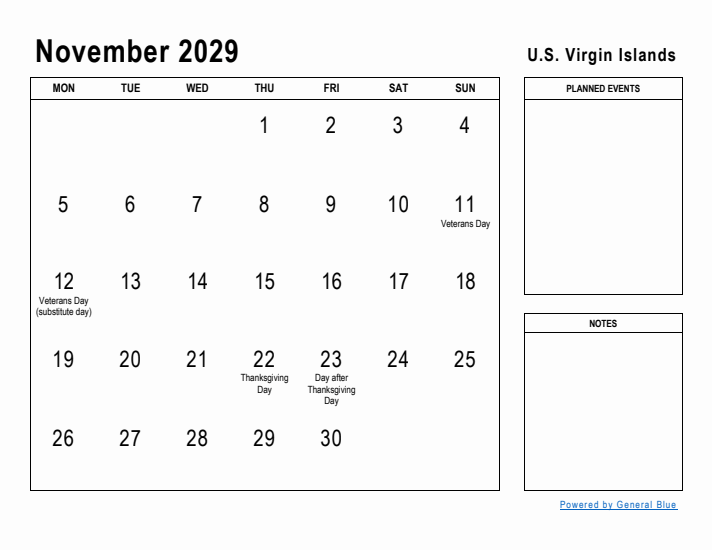 November 2029 Printable Monthly Calendar with U.S. Virgin Islands Holidays