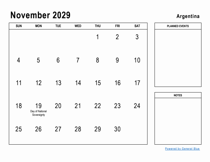 November 2029 Printable Monthly Calendar with Argentina Holidays