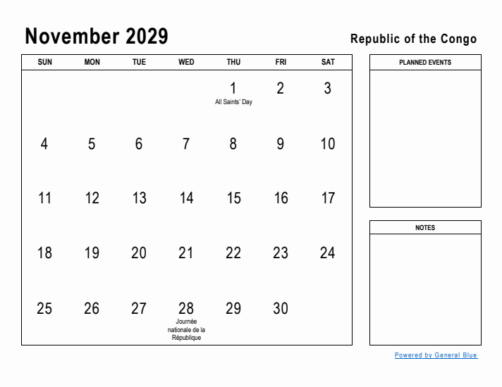 November 2029 Printable Monthly Calendar with Republic of the Congo Holidays