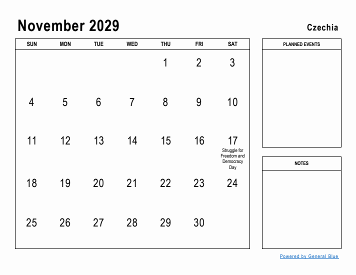 November 2029 Printable Monthly Calendar with Czechia Holidays