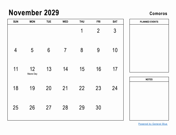 November 2029 Printable Monthly Calendar with Comoros Holidays