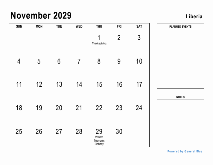 November 2029 Printable Monthly Calendar with Liberia Holidays