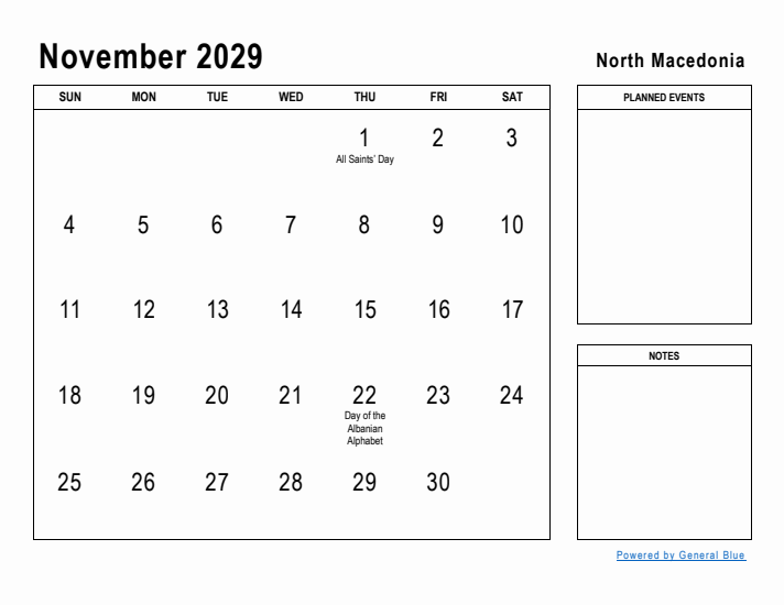 November 2029 Printable Monthly Calendar with North Macedonia Holidays