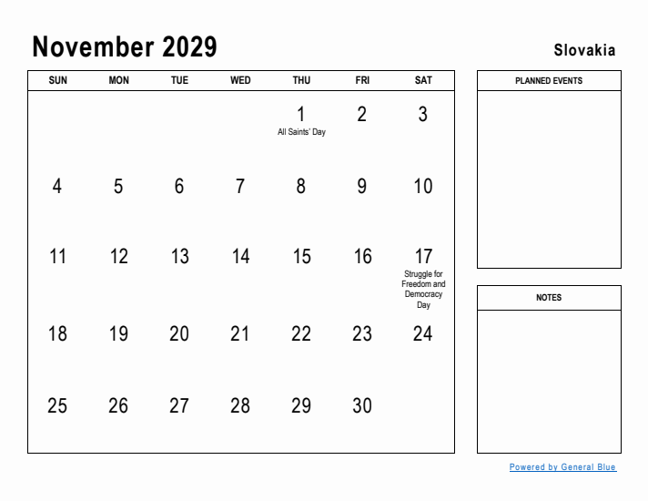 November 2029 Printable Monthly Calendar with Slovakia Holidays