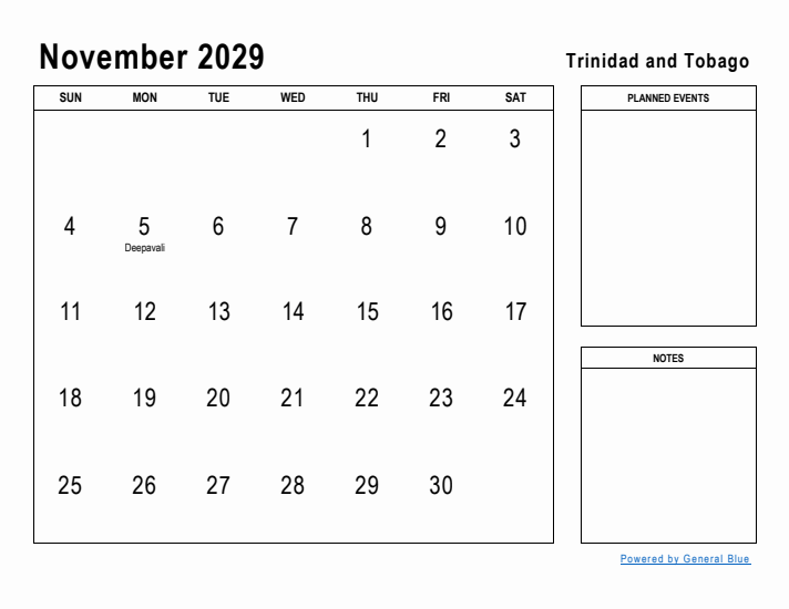 November 2029 Printable Monthly Calendar with Trinidad and Tobago Holidays