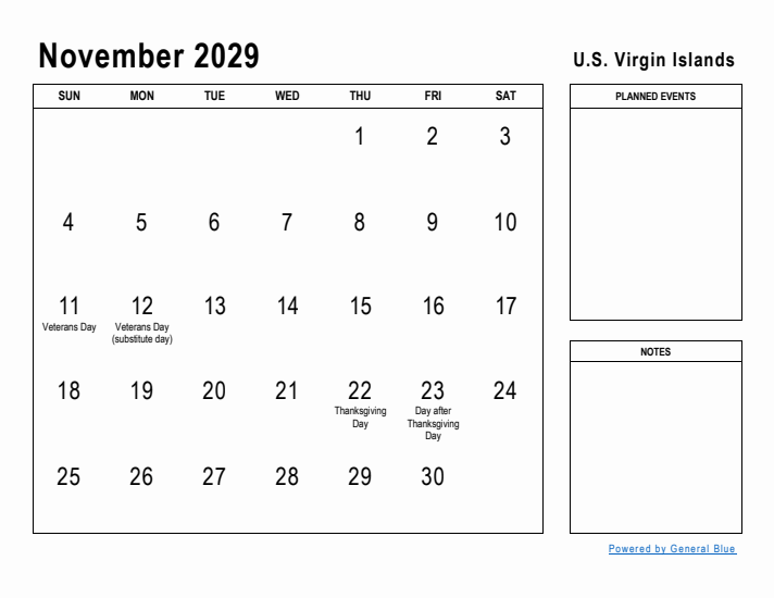 November 2029 Printable Monthly Calendar with U.S. Virgin Islands Holidays