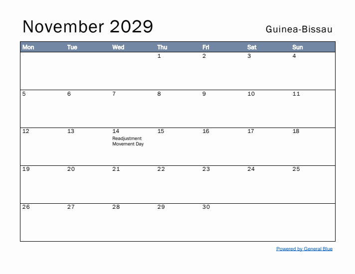 November 2029 Simple Monthly Calendar for Guinea-Bissau