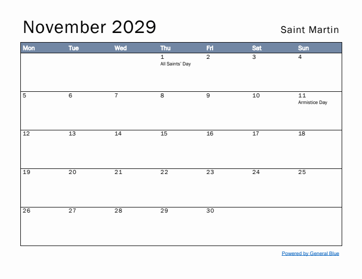 November 2029 Simple Monthly Calendar for Saint Martin