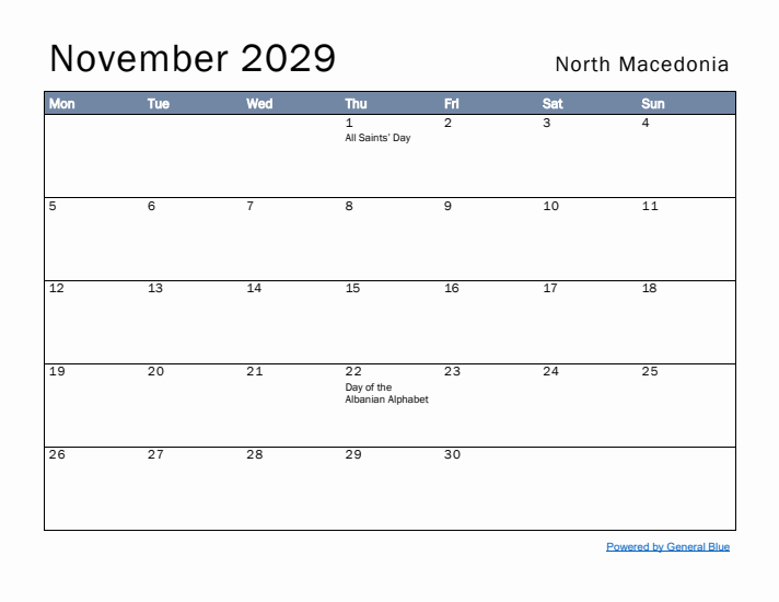 November 2029 Simple Monthly Calendar for North Macedonia