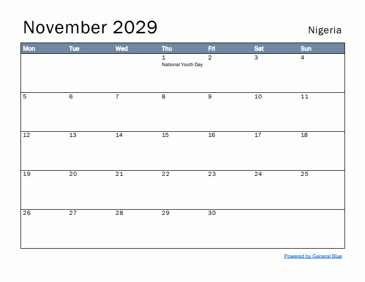 November 2029 Simple Monthly Calendar for Nigeria