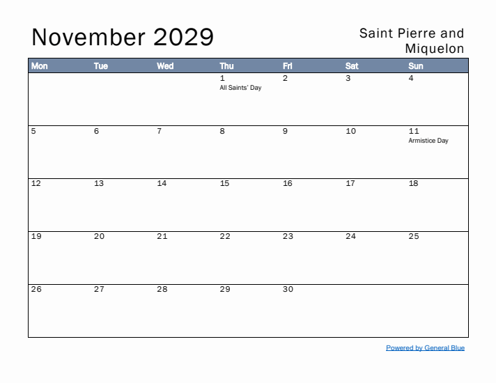 November 2029 Simple Monthly Calendar for Saint Pierre and Miquelon