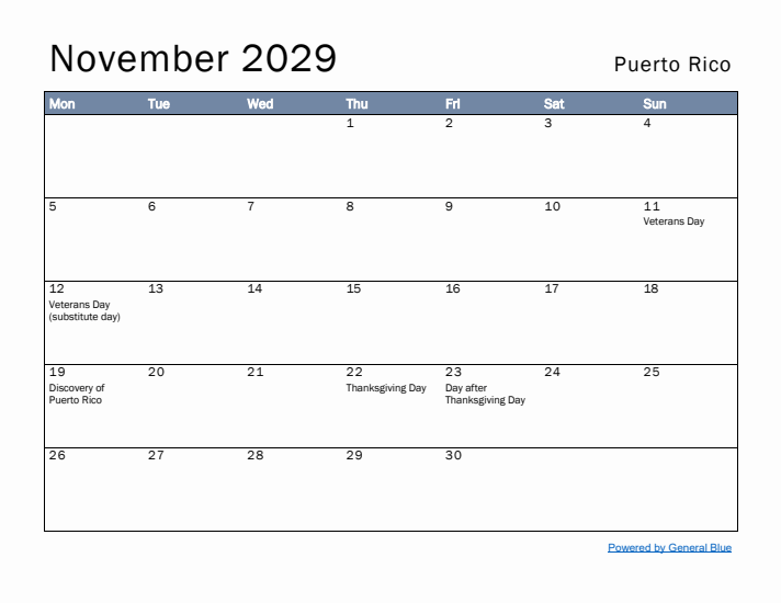 November 2029 Simple Monthly Calendar for Puerto Rico