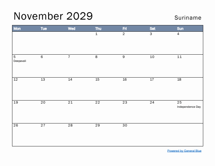 November 2029 Simple Monthly Calendar for Suriname