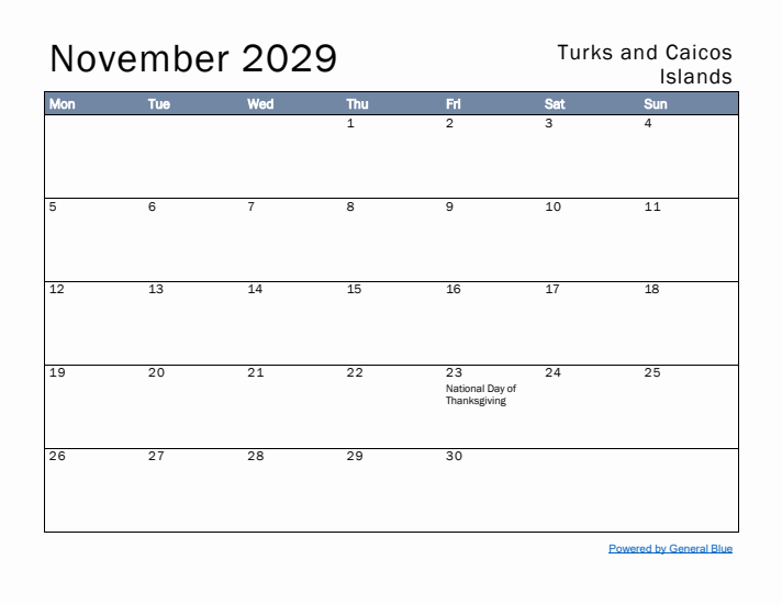 November 2029 Simple Monthly Calendar for Turks and Caicos Islands