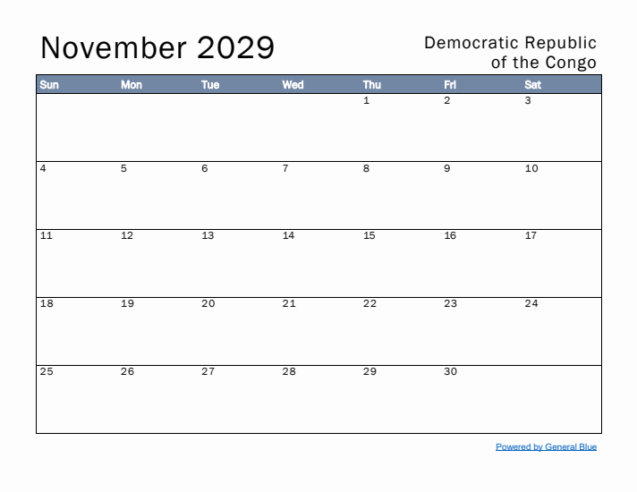 November 2029 Simple Monthly Calendar for Democratic Republic of the Congo