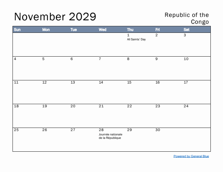 November 2029 Simple Monthly Calendar for Republic of the Congo
