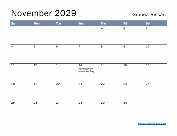 November 2029 Simple Monthly Calendar for Guinea-Bissau