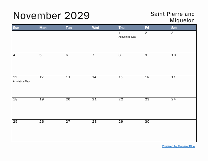 November 2029 Simple Monthly Calendar for Saint Pierre and Miquelon