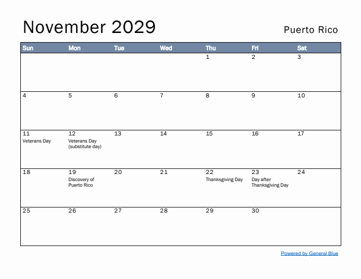 November 2029 Simple Monthly Calendar for Puerto Rico