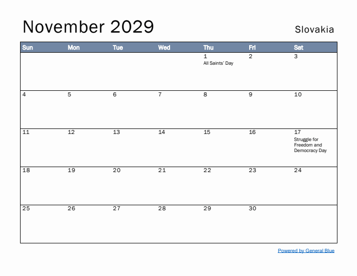 November 2029 Simple Monthly Calendar for Slovakia