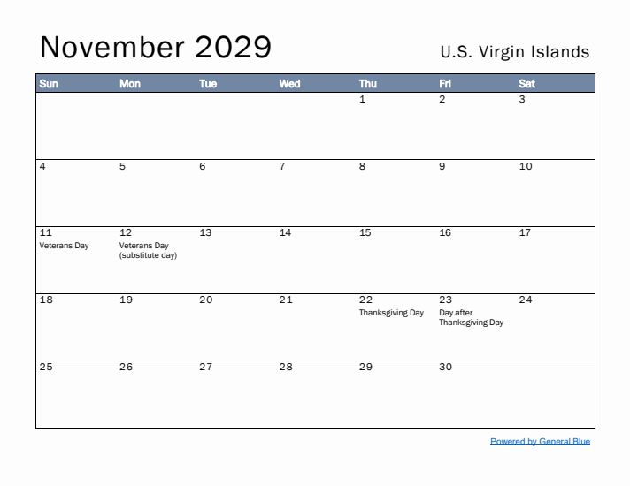 November 2029 Simple Monthly Calendar for U.S. Virgin Islands