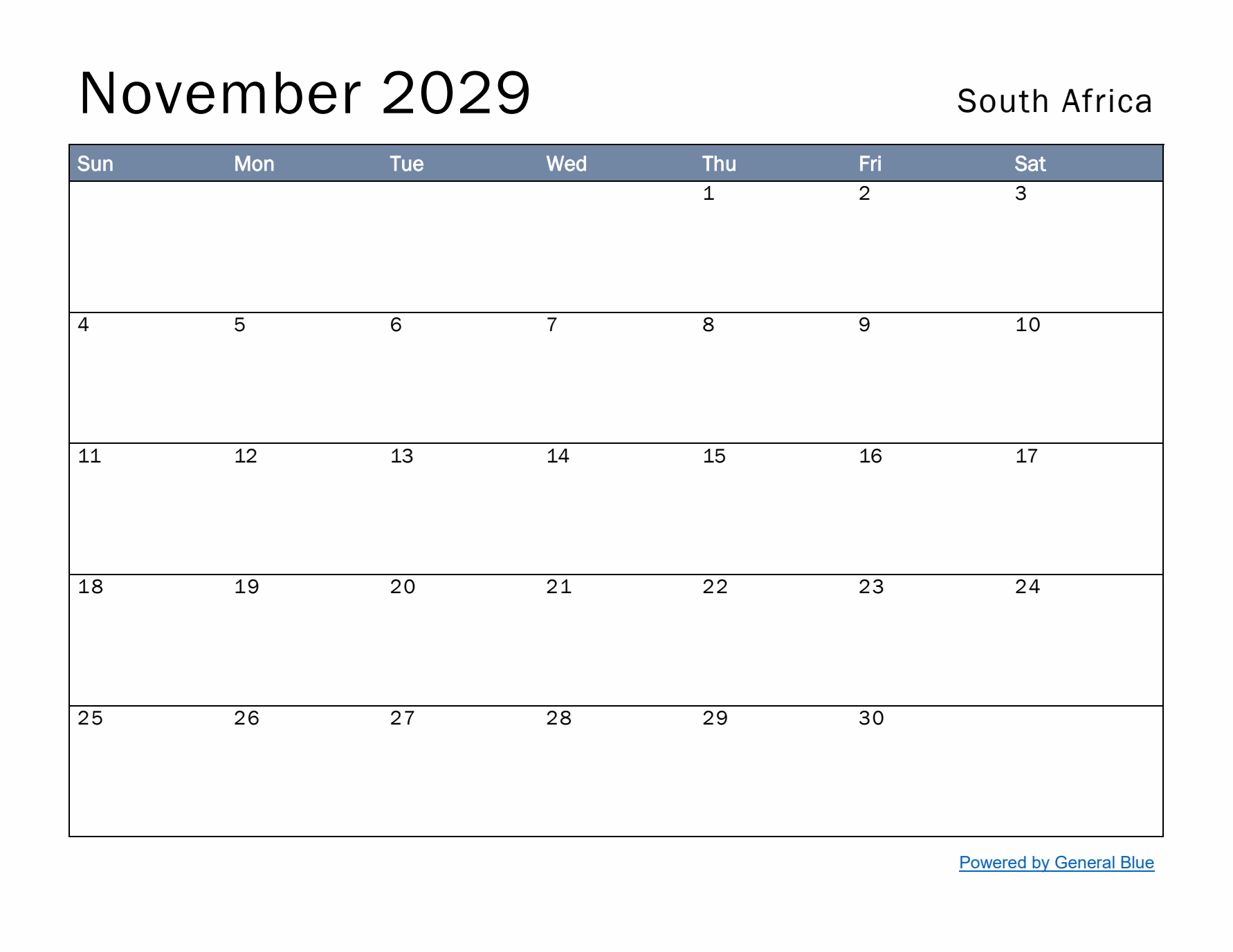 November 2029 Simple Monthly Calendar for South Africa