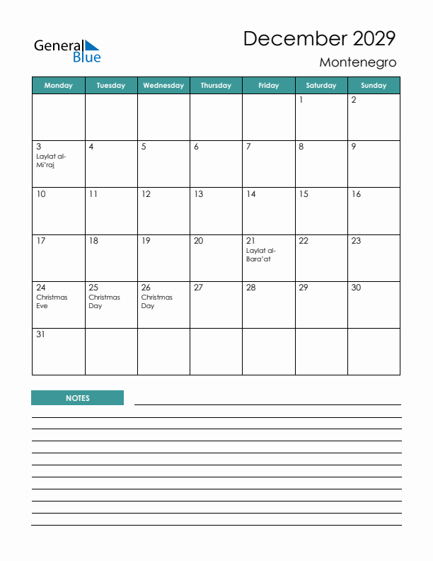Calendar with Notes Printable - Monday Start