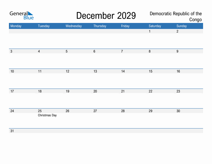 Fillable December 2029 Calendar