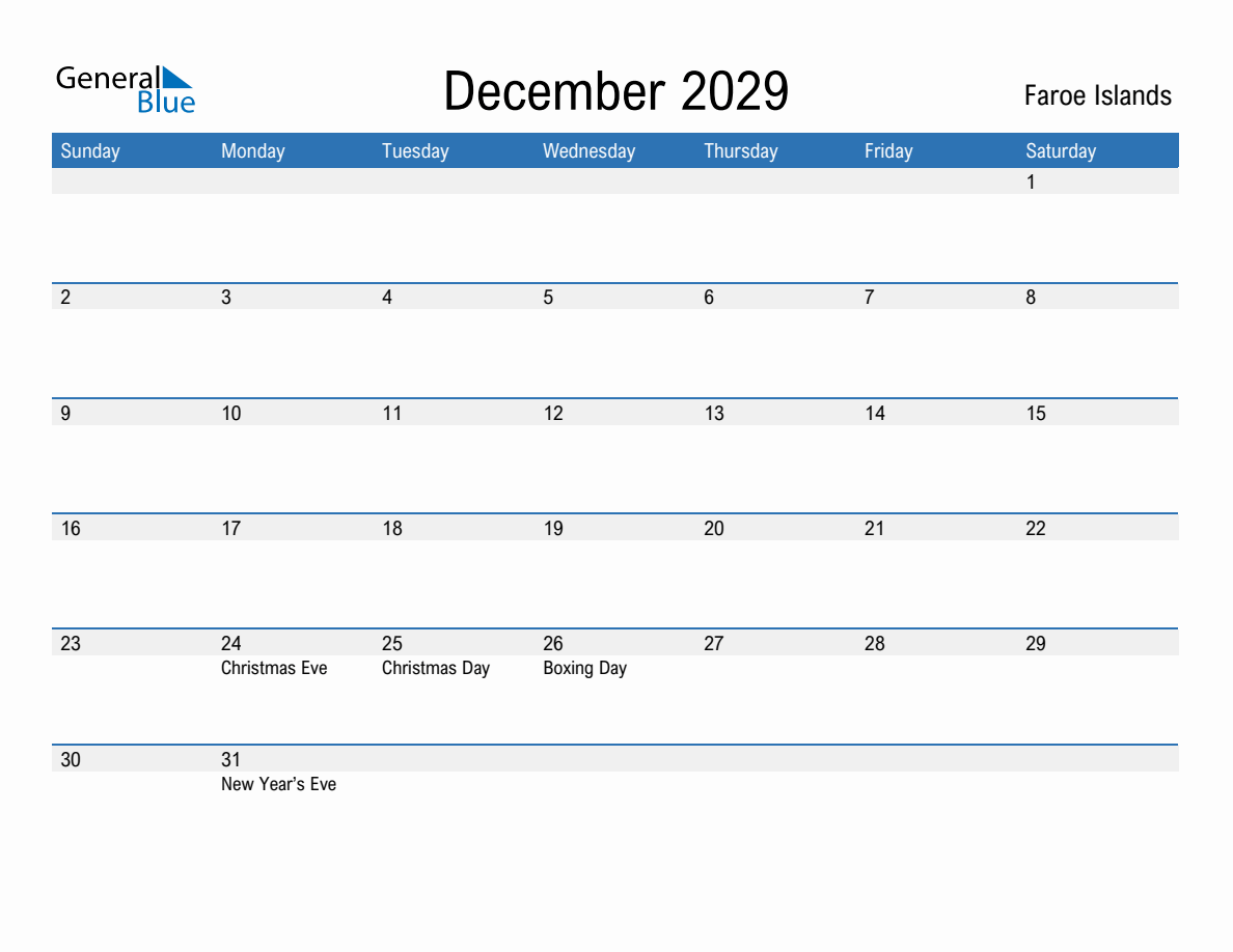 December 2029 Monthly Calendars with Faroe Islands Holidays