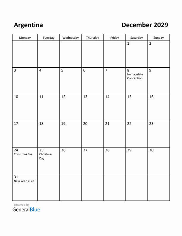 December 2029 Calendar with Argentina Holidays