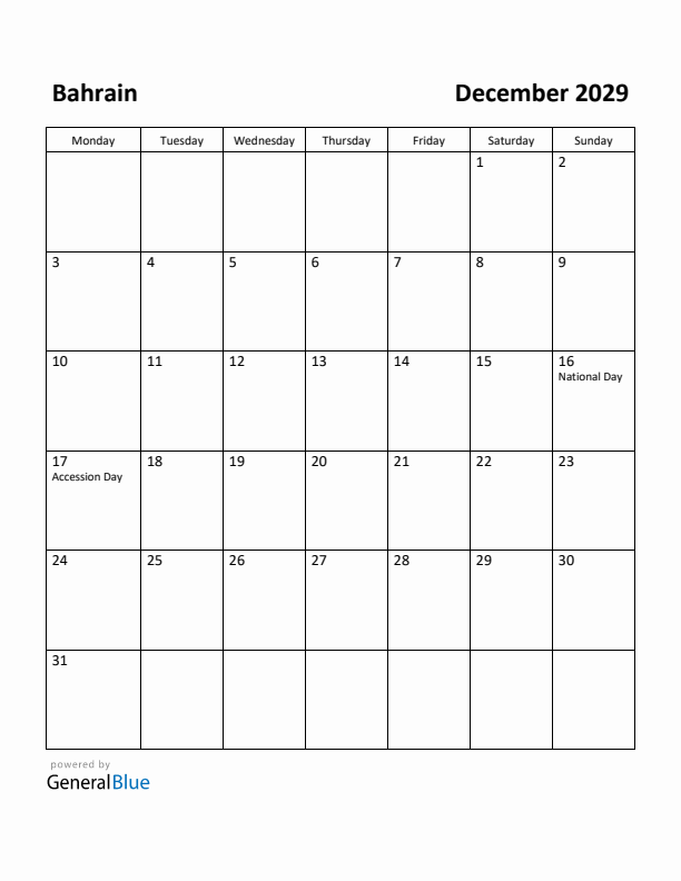 December 2029 Calendar with Bahrain Holidays